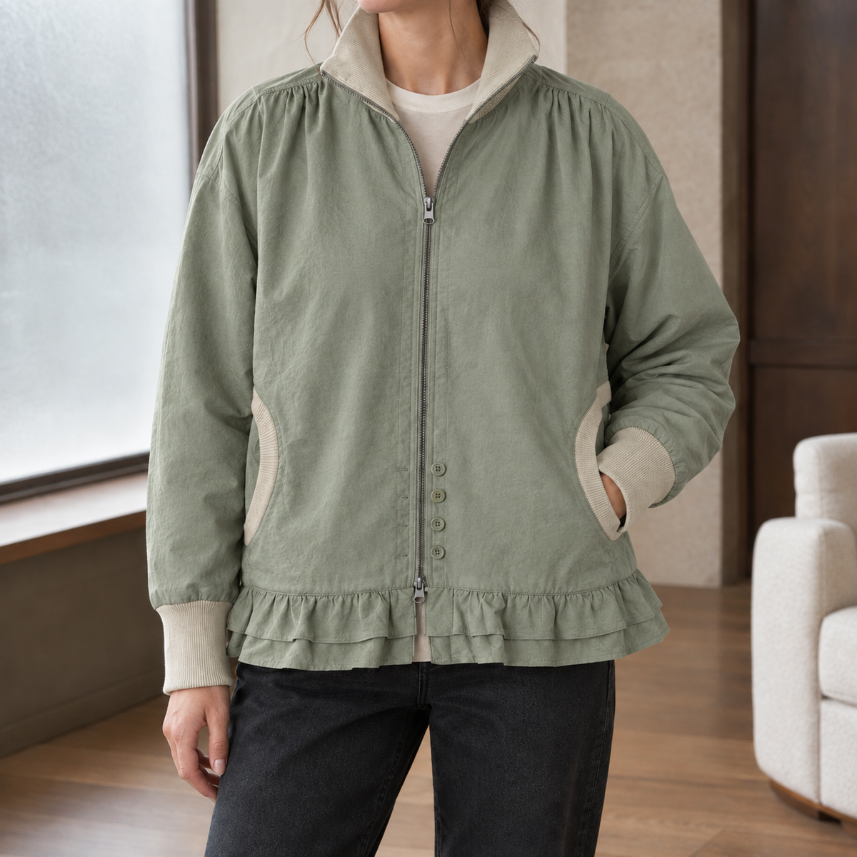 Zip Jacket Polyester Ruffle with Ribbed Contrast Trim and Double Hem