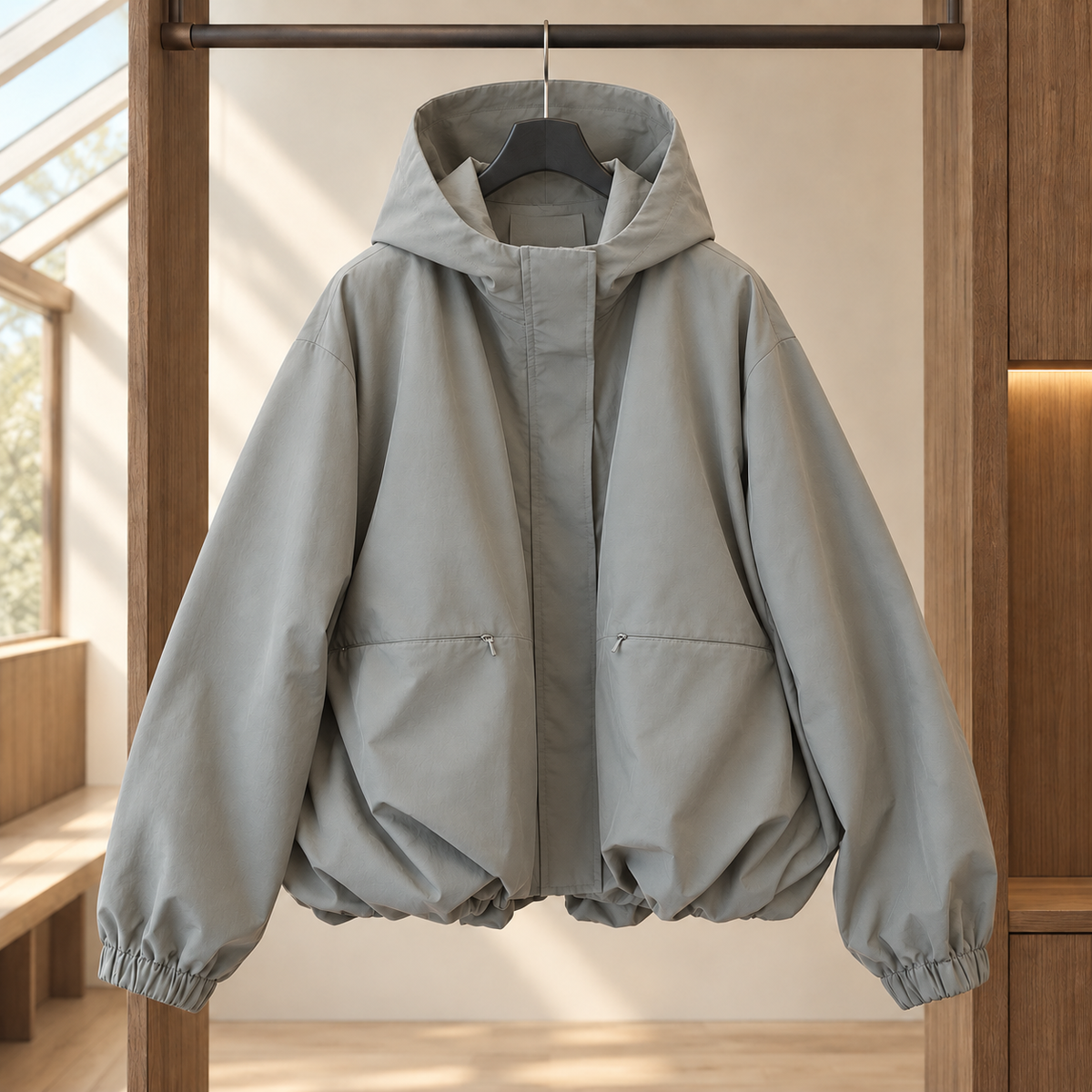 Hooded Jacket Polyester Loose with Balloon Hem and Concealed Zip