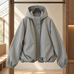 Hooded Jacket Polyester Loose with Balloon Hem and Concealed Zip