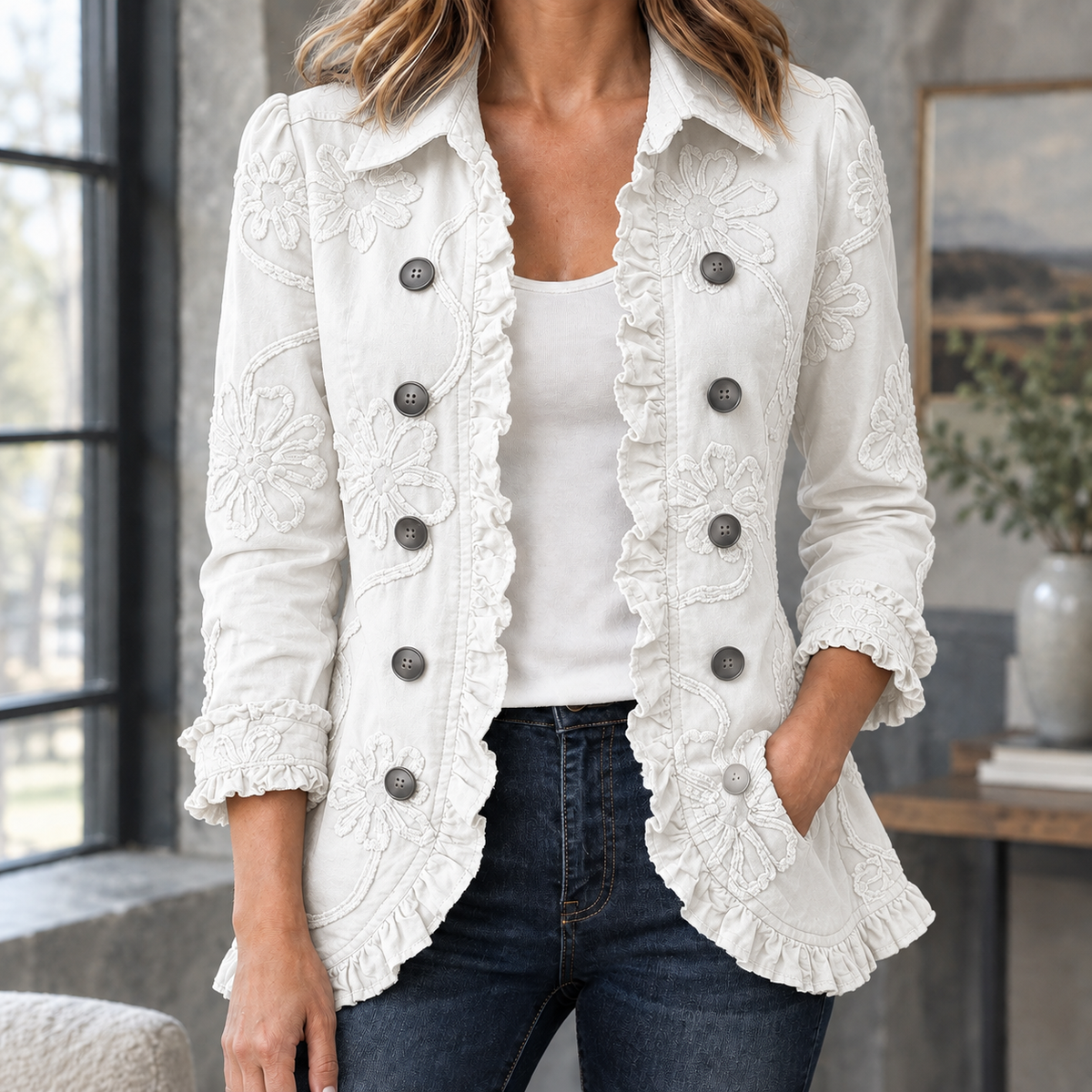 Jacket Polyester Fitted with Floral Appliqué, Twin Buttons and Ruffles