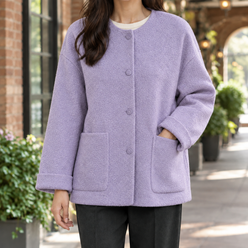 Jacket Wool Relaxed Short with Round Neckline and Covered Buttons