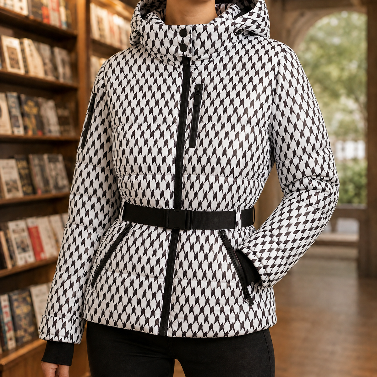 Quilted Jacket Polyester with Padded Hood, Zip Pockets and Belt