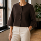 Knit Jacket Polyester Fine Knit Cropped Boxy with Covered Buttons