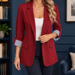 Blazer Polyester Slim Hip-Length with Striped Turn-Back Cuffs
