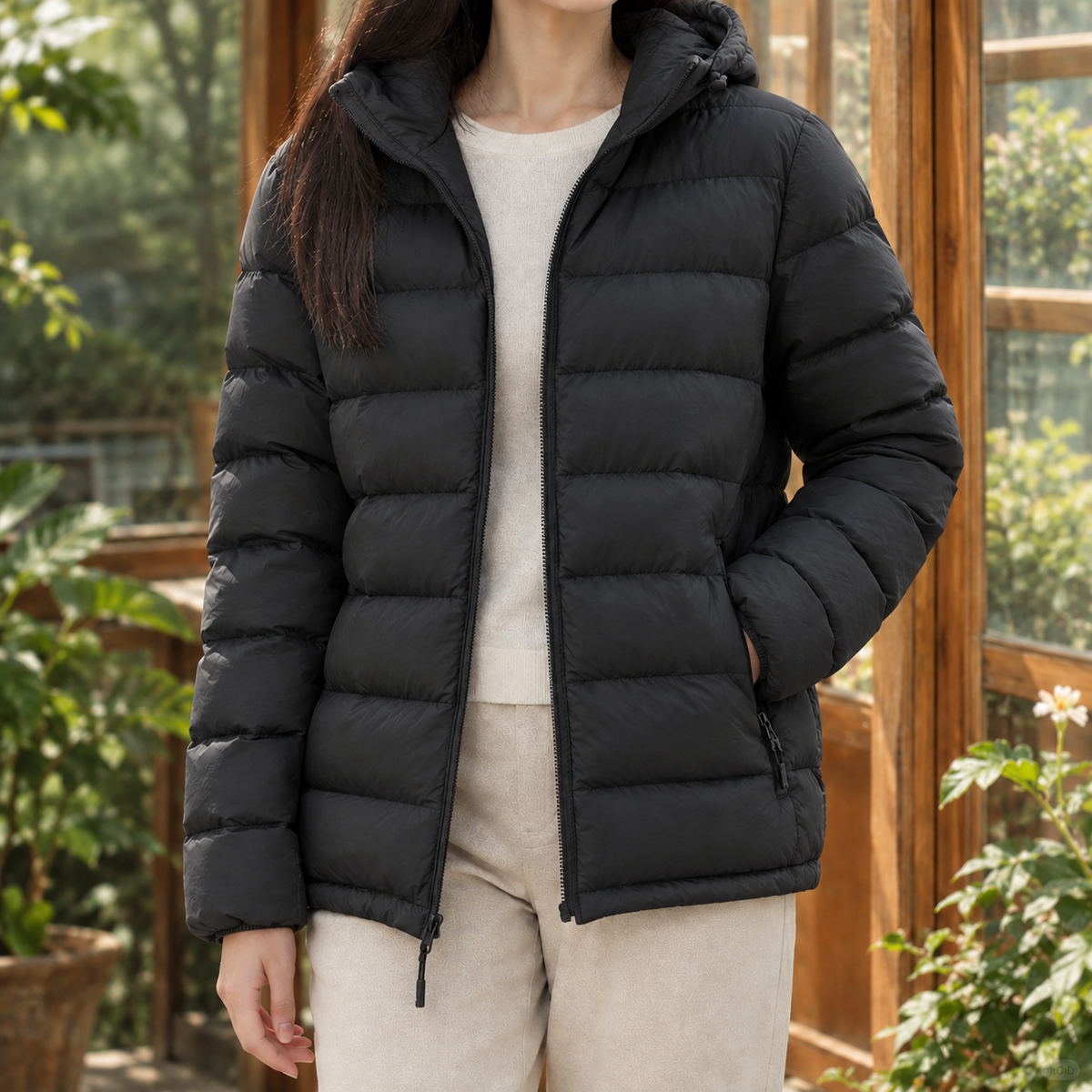 Puffer Jacket White Duck Down Filled with Hood and Full Zip