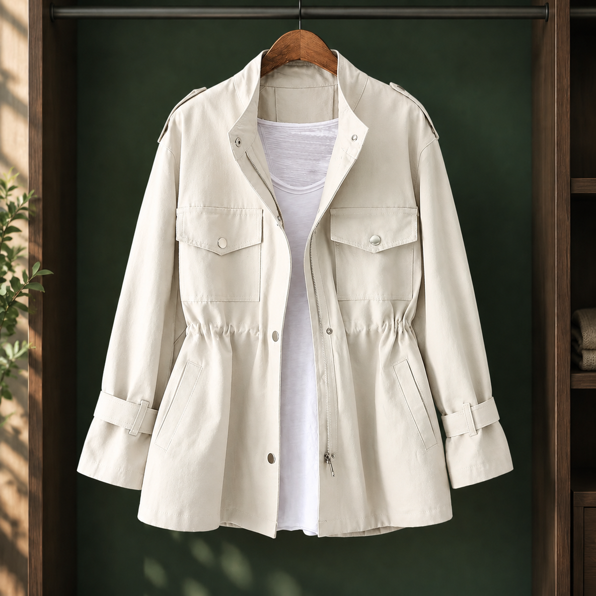 Utility Jacket Polyester Relaxed with Drawstring Waist, Zip-Snap Front
