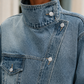Denim Jacket Washed Oversized with Funnel Collar, Offset Buttons