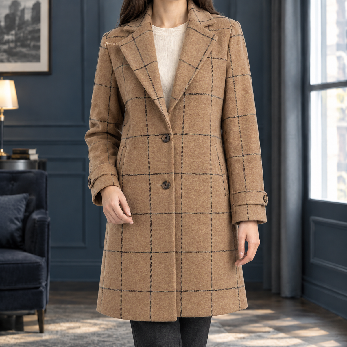 Coat Polyester Windowpane Mid-Length with Notched Lapels