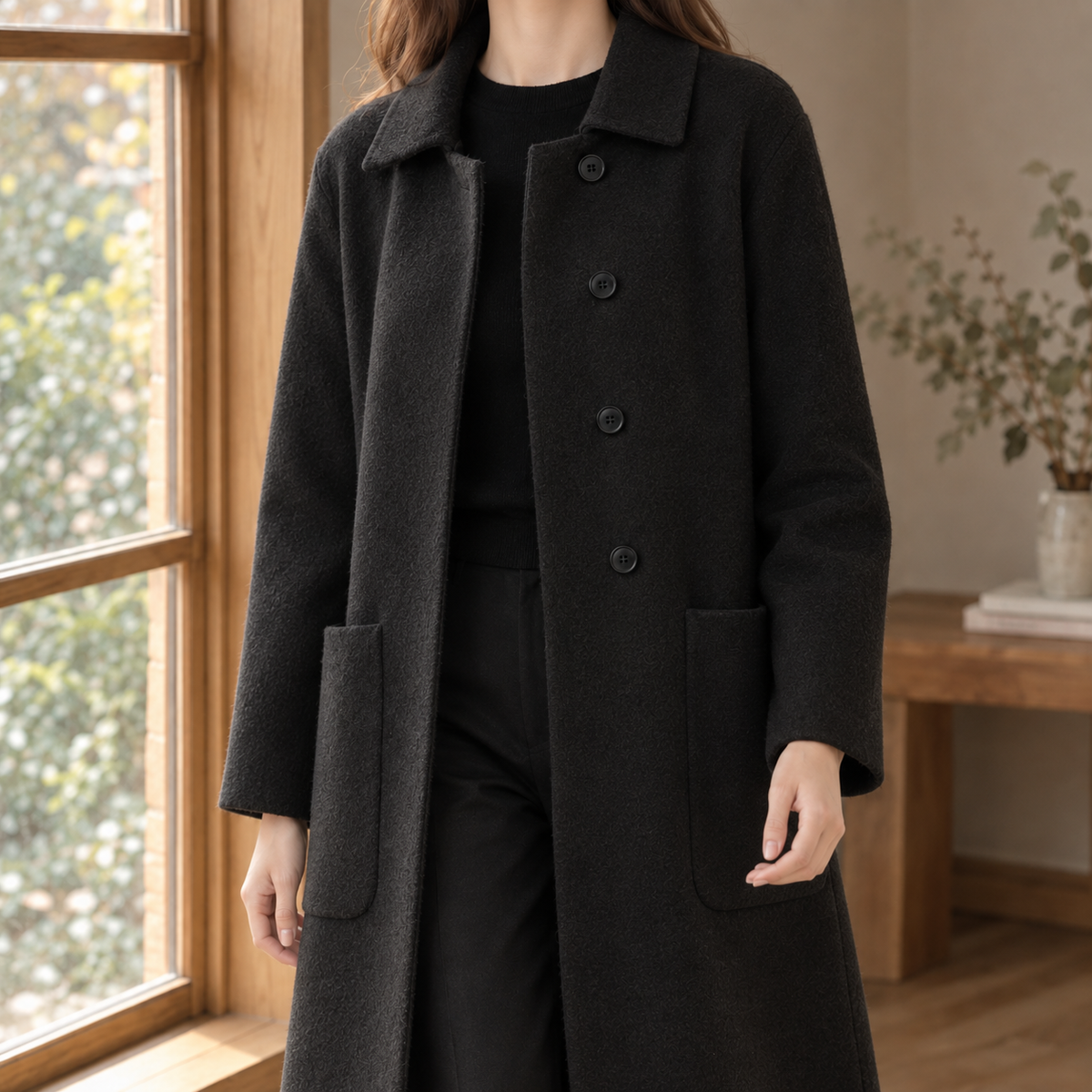 Coat Wool Longline Loose Straight with Oversized Patch Pockets