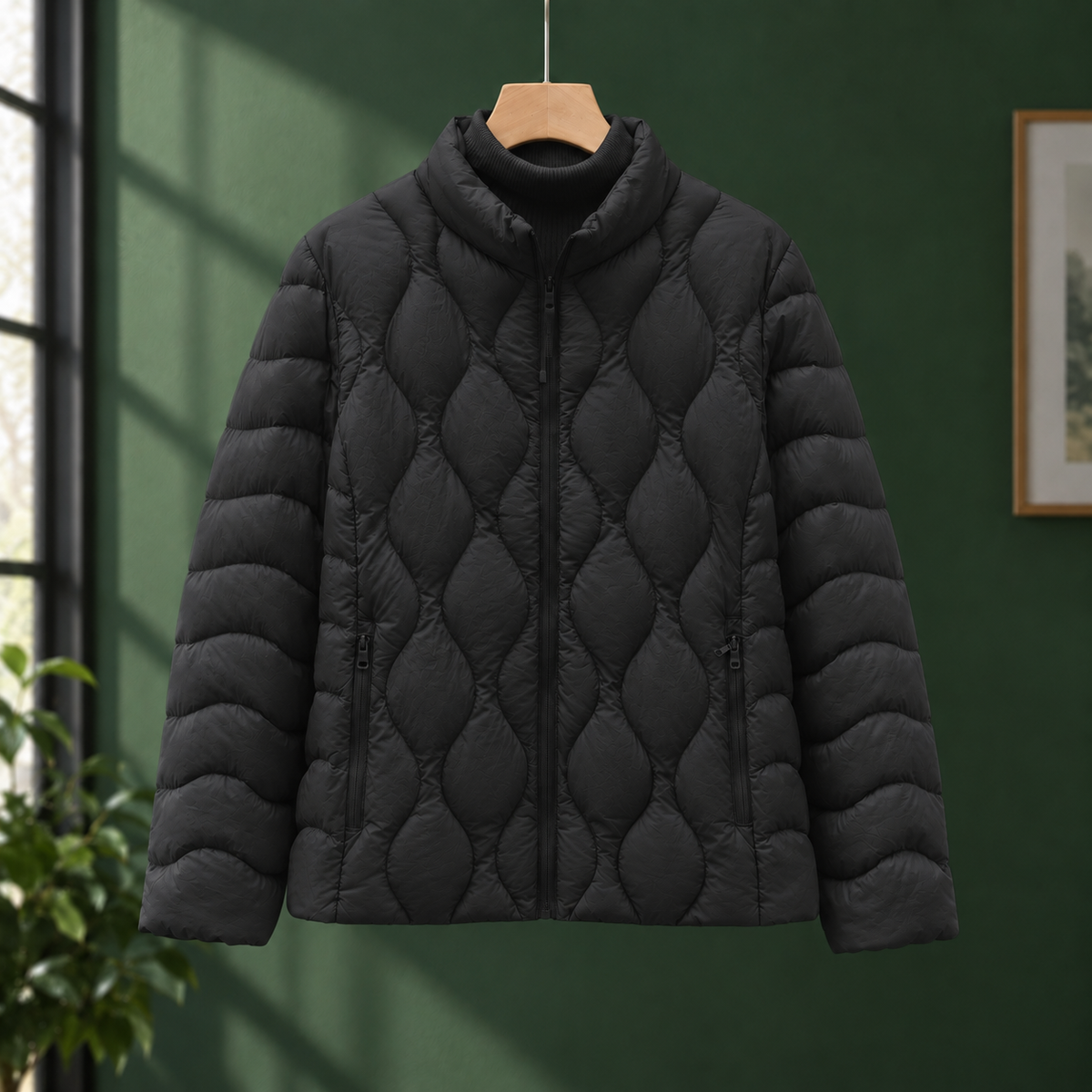 Quilted Jacket Duck Down Filled with Wave Quilting and Full Zip
