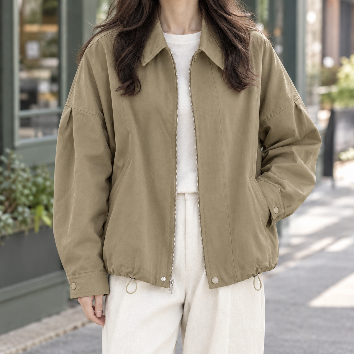 Jacket Polyester Relaxed with Point Collar and Drawstring Hem