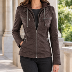 Hooded Jacket Faux Leather Fitted with Layered Zip and Four Pockets