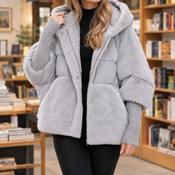 Jacket Cotton Plush and Quilted Panels Cocoon with Hood and Zip