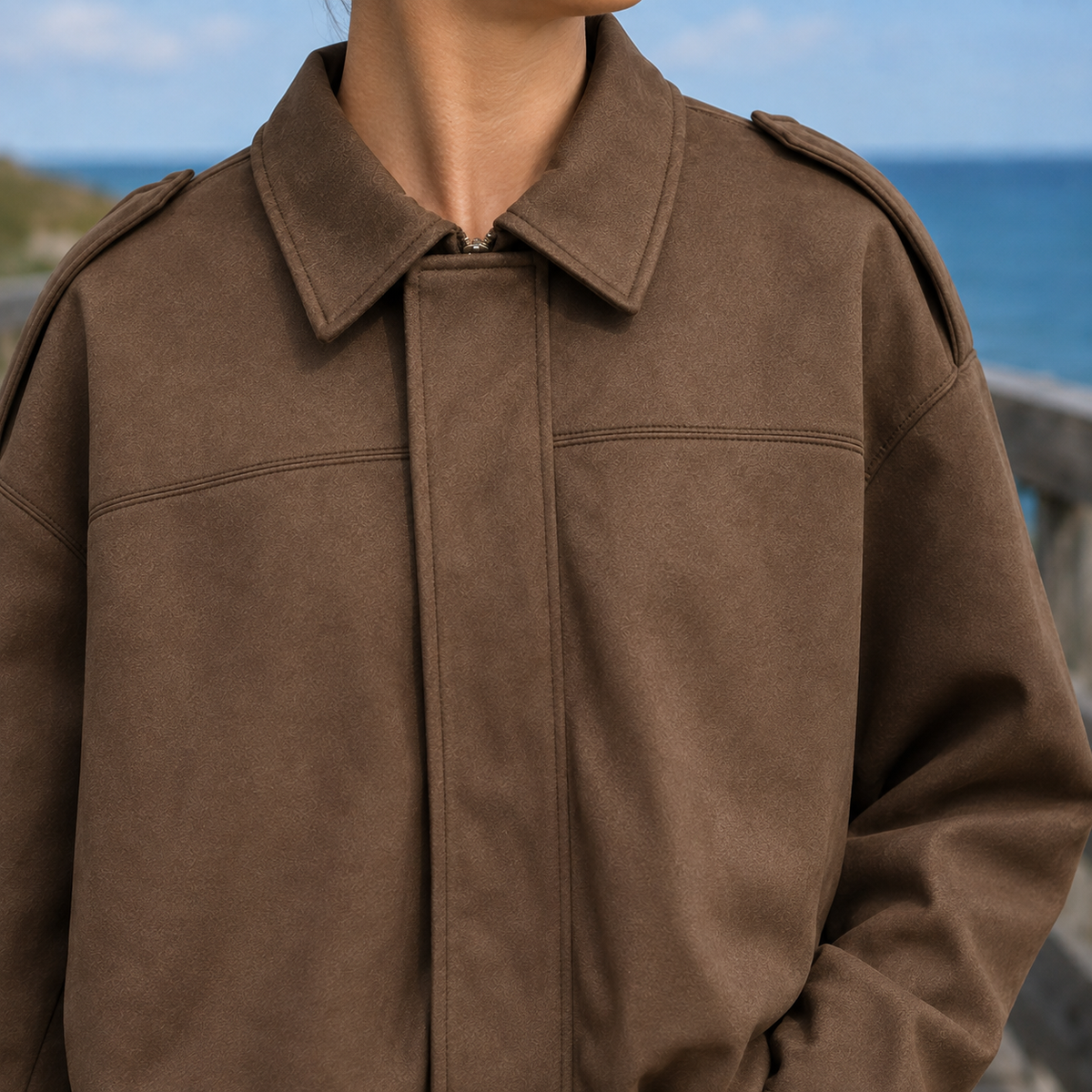 Bomber Jacket Faux Suede Oversized with Concealed Zip and Epaulettes