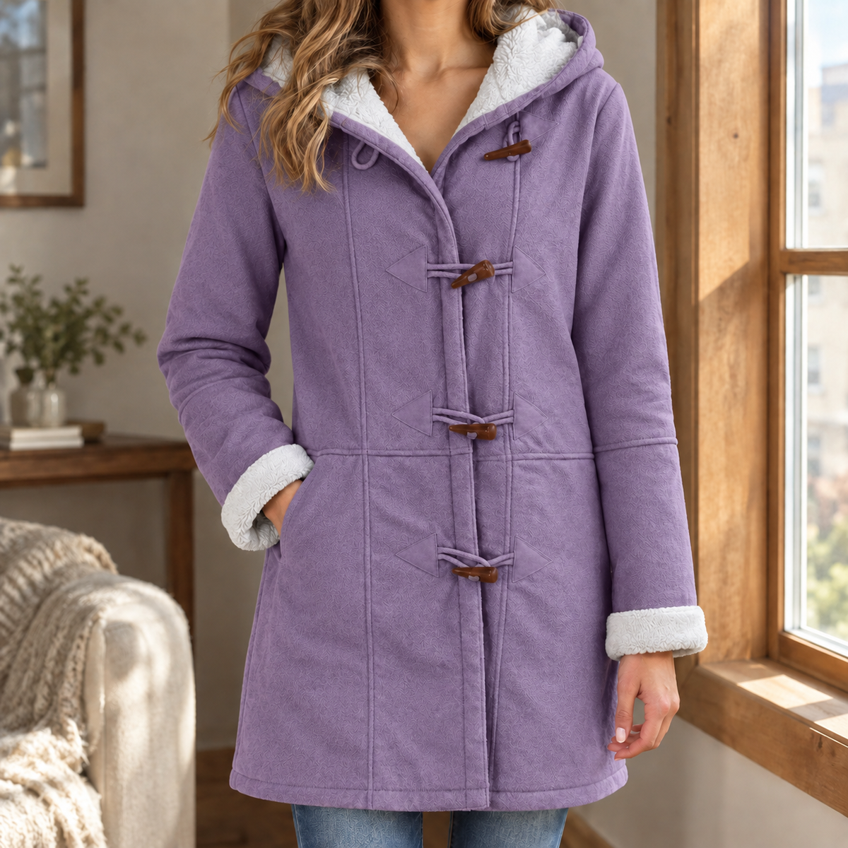 Jacket Polyester Toggle Front with Plush-Lined Hood and Pockets