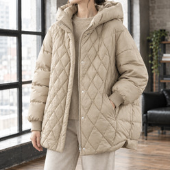 Quilted Jacket White Duck Down Oversized with Generous Hood and Zip