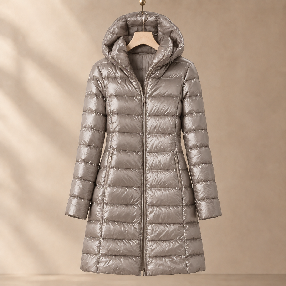 Jacket Duck Down Quilted Slim Mid-Length with Padded Hood and Zip