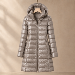Jacket Duck Down Quilted Slim Mid-Length with Padded Hood and Zip