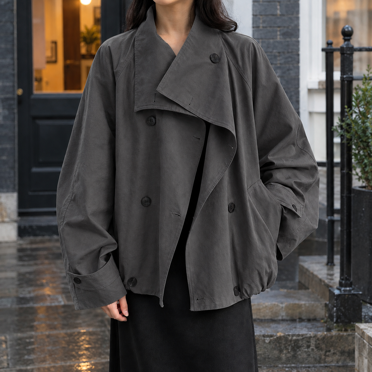 Jacket Cotton Blend Double-Breasted Oversized with Asymmetric Flap