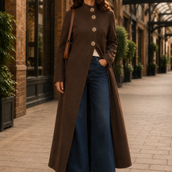 Longline Jacket Polyester with High Stand Collar and Gold-Tone Buttons