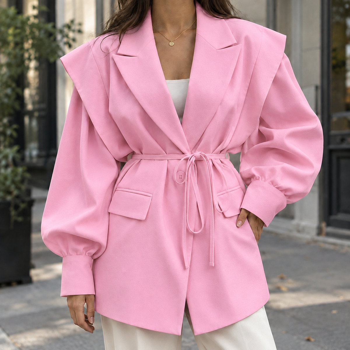 Jacket Polyester Belted with Layered Shoulders and Wide Lapels