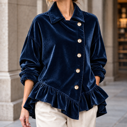 Jacket Polyester with Asymmetric Ruffle Hem and Button Front