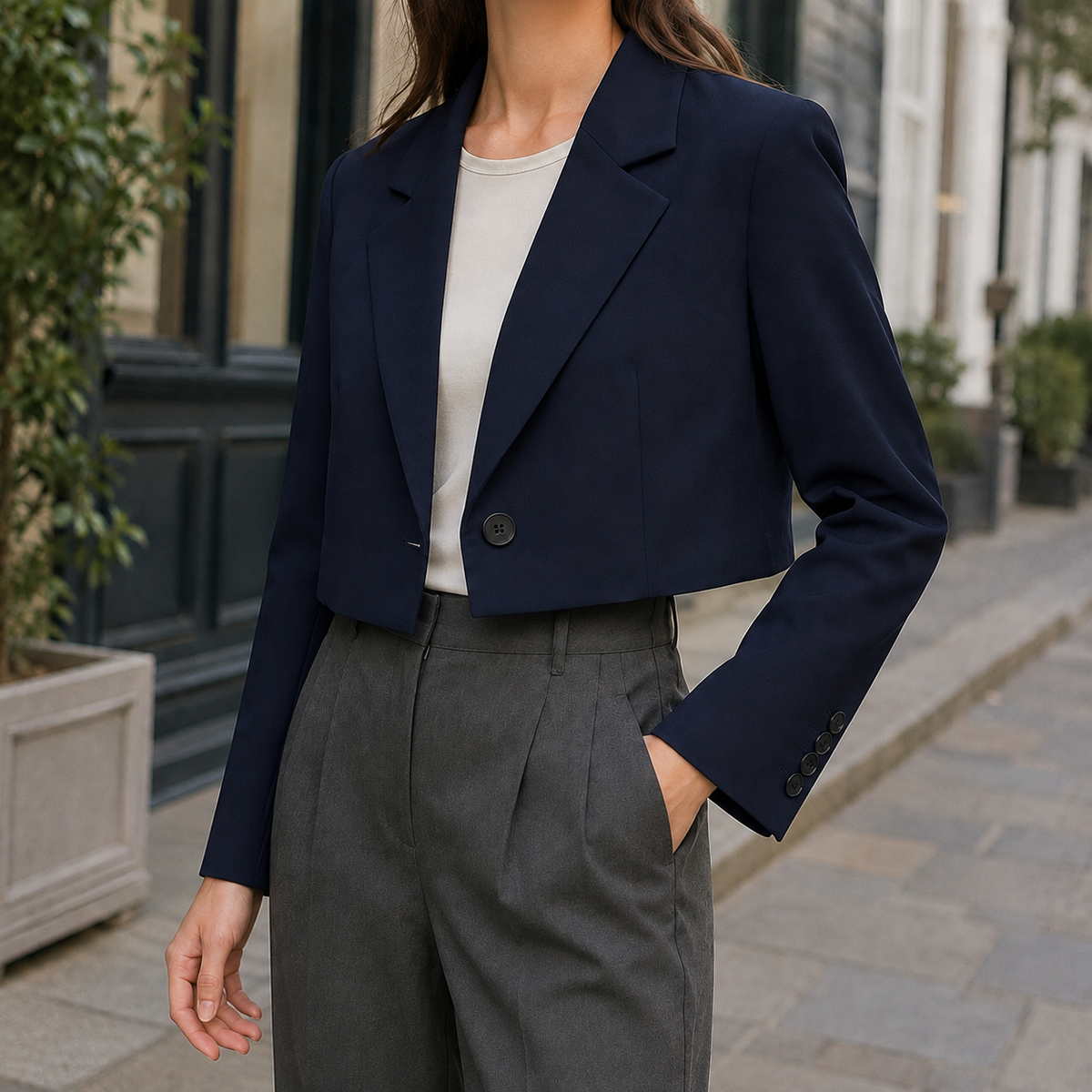 Blazer Polyester Cropped Relaxed with Broad Lapels and Single Button