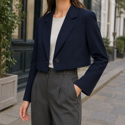 Blazer Polyester Cropped Relaxed with Broad Lapels and Single Button