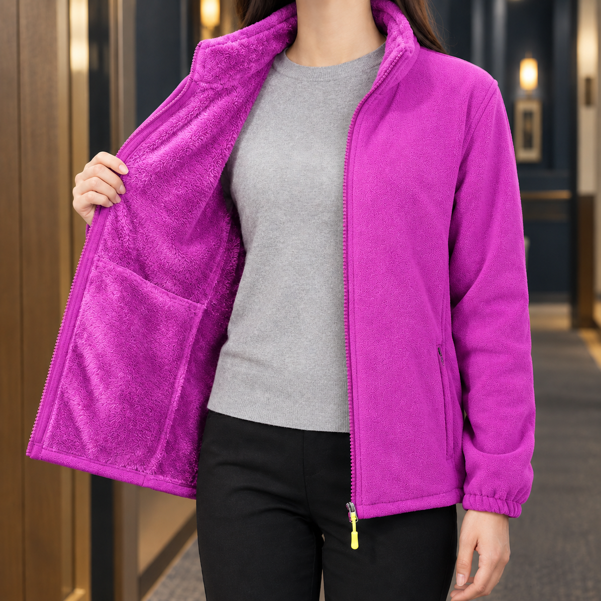 Fleece Jacket with Stand Collar, Full Zip and Zip Pockets
