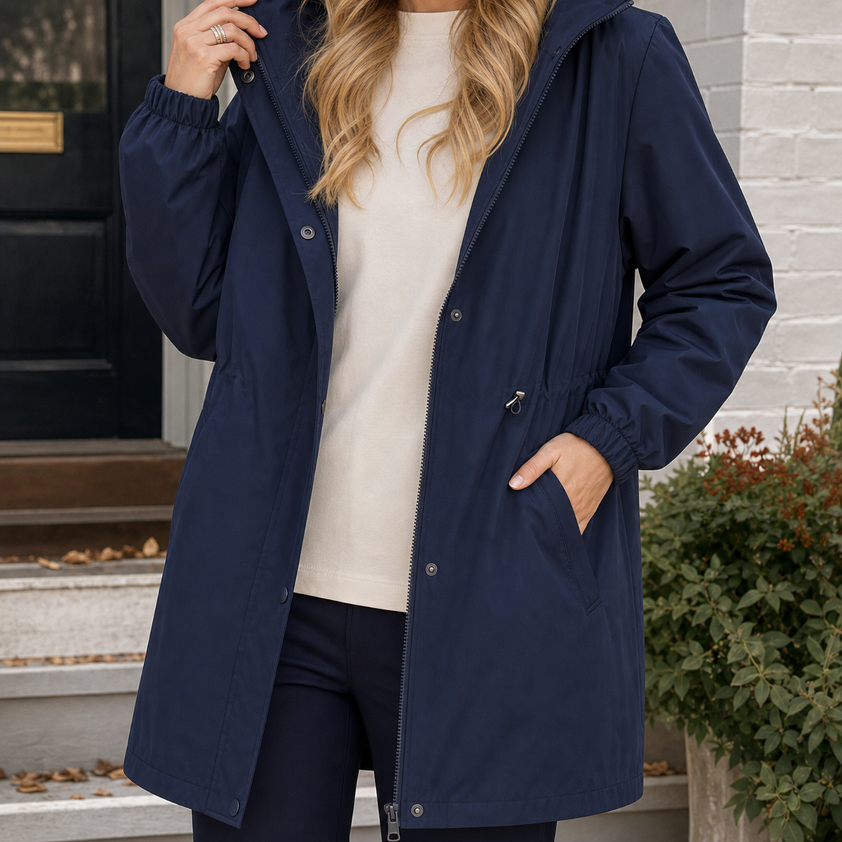 Hooded Jacket Polyester with Zip-and-Snap Front and Drawstring Waist