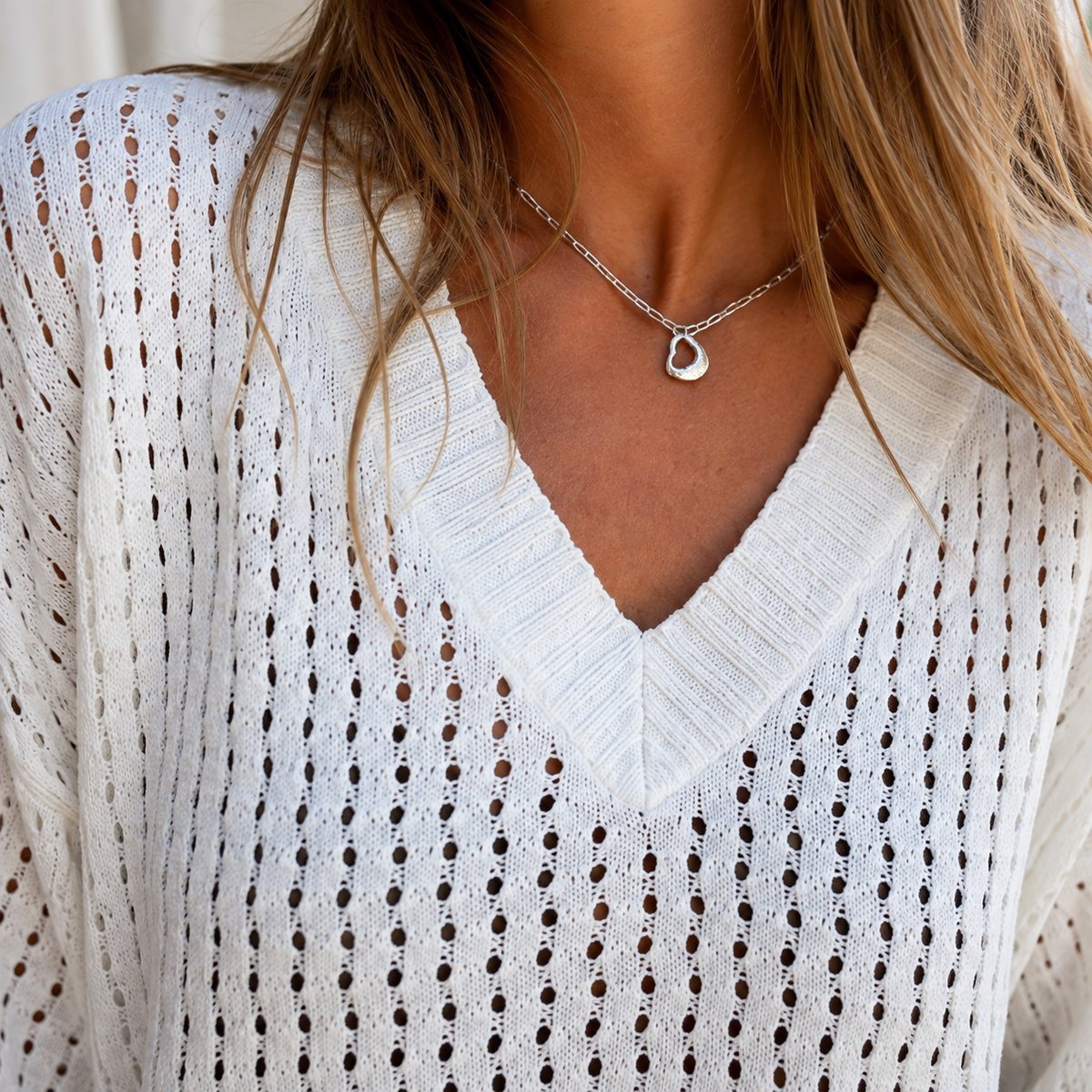 Open-Knit Cotton V-Neck Top