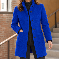 Coat Polyester Mid-Length with Raised Stand Collar and Patch Pockets