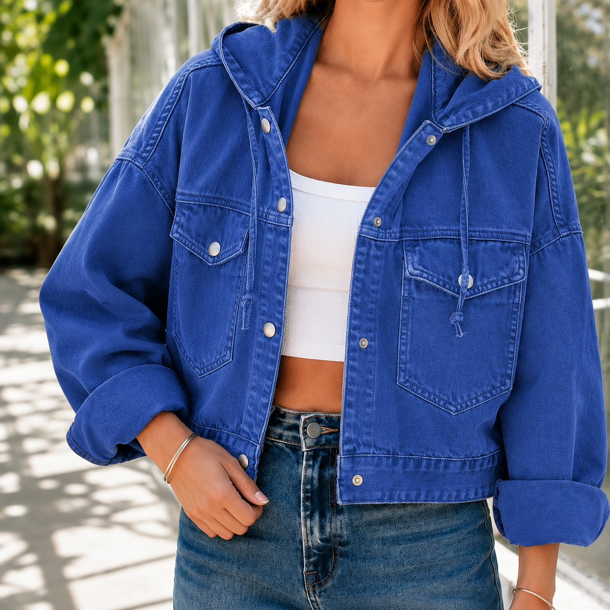 Hooded Jacket Washed Cotton Blend with Studded Front and Drawstring