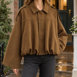 Bomber Jacket Faux Suede Oversized with Batwing Sleeves and Zip