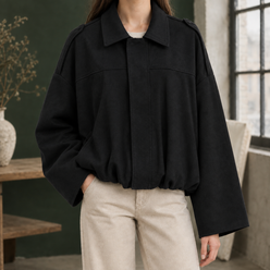 Bomber Jacket Faux Suede Loose Cropped with Concealed Zip, Bubble Hem