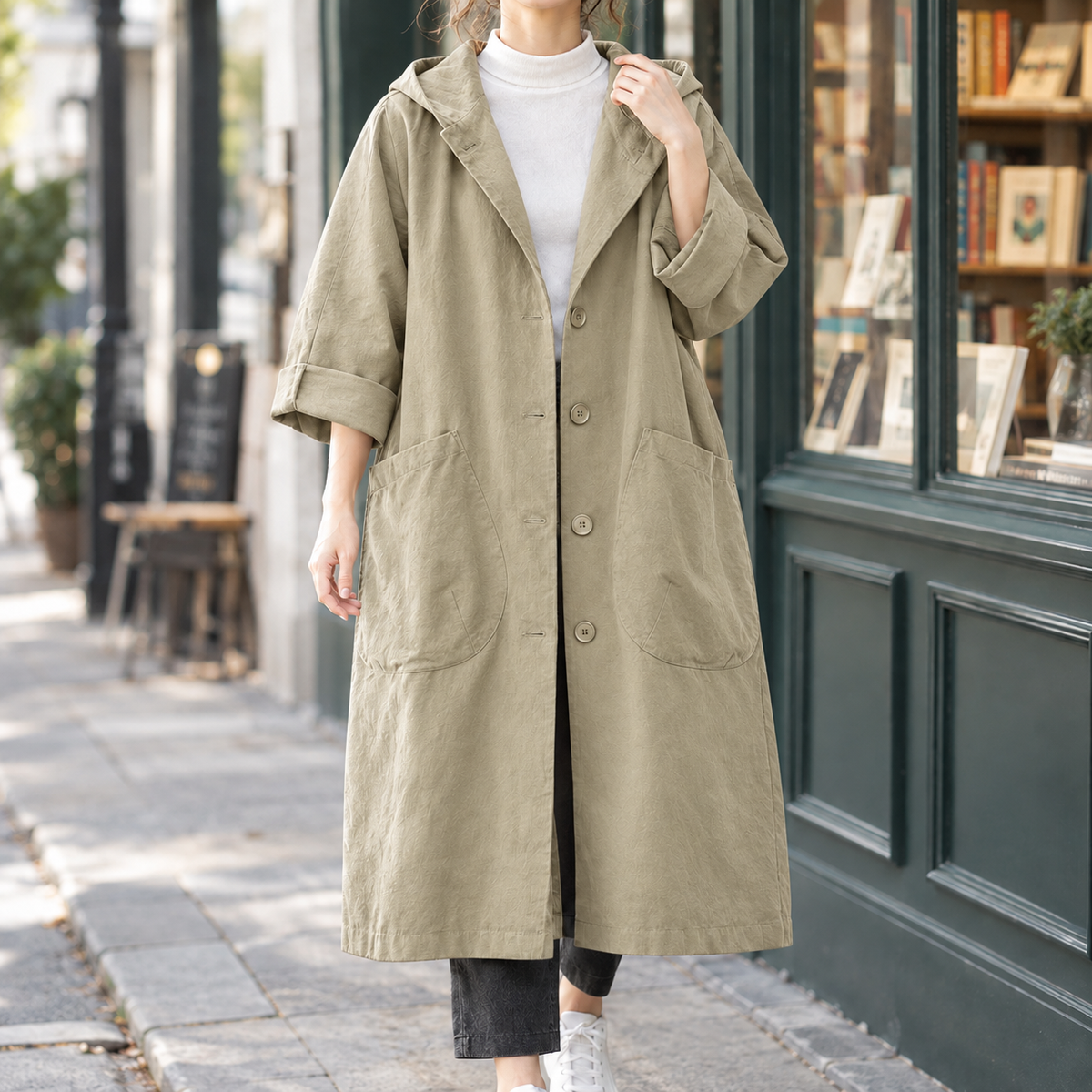 Hooded Coat Polyester Longline Relaxed with Oversized Patch Pockets