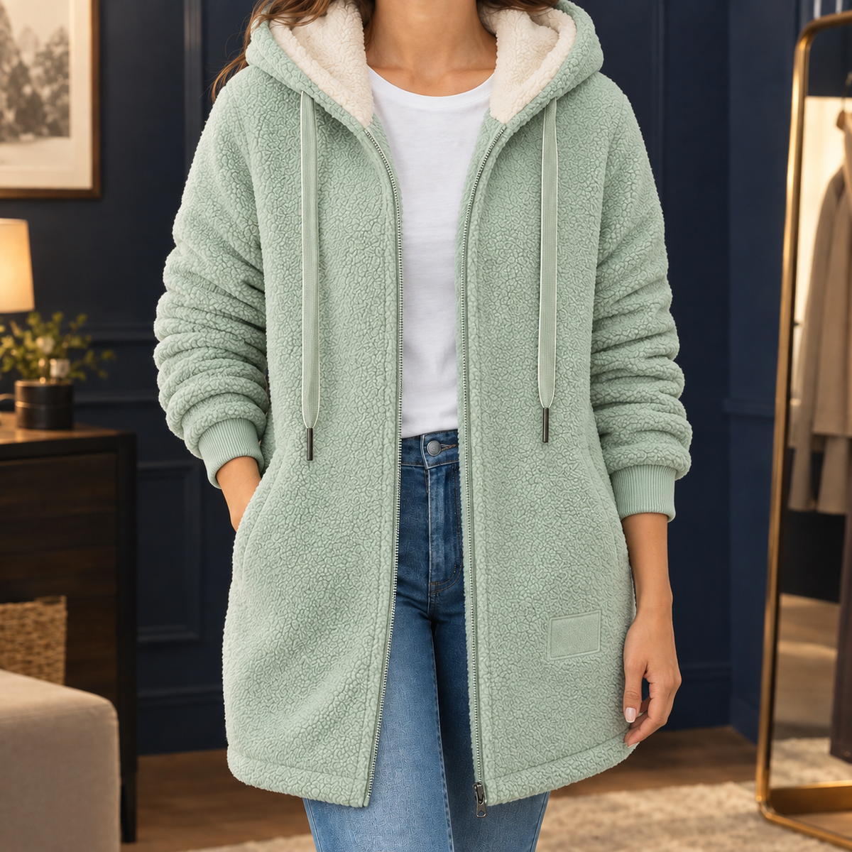Fleece Jacket Plush Hooded Longline with Cream-Lined Hood and Zip