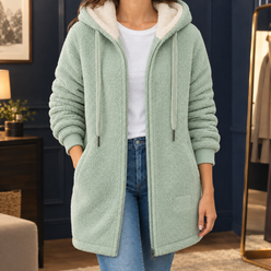 Fleece Jacket Plush Hooded Longline with Cream-Lined Hood and Zip