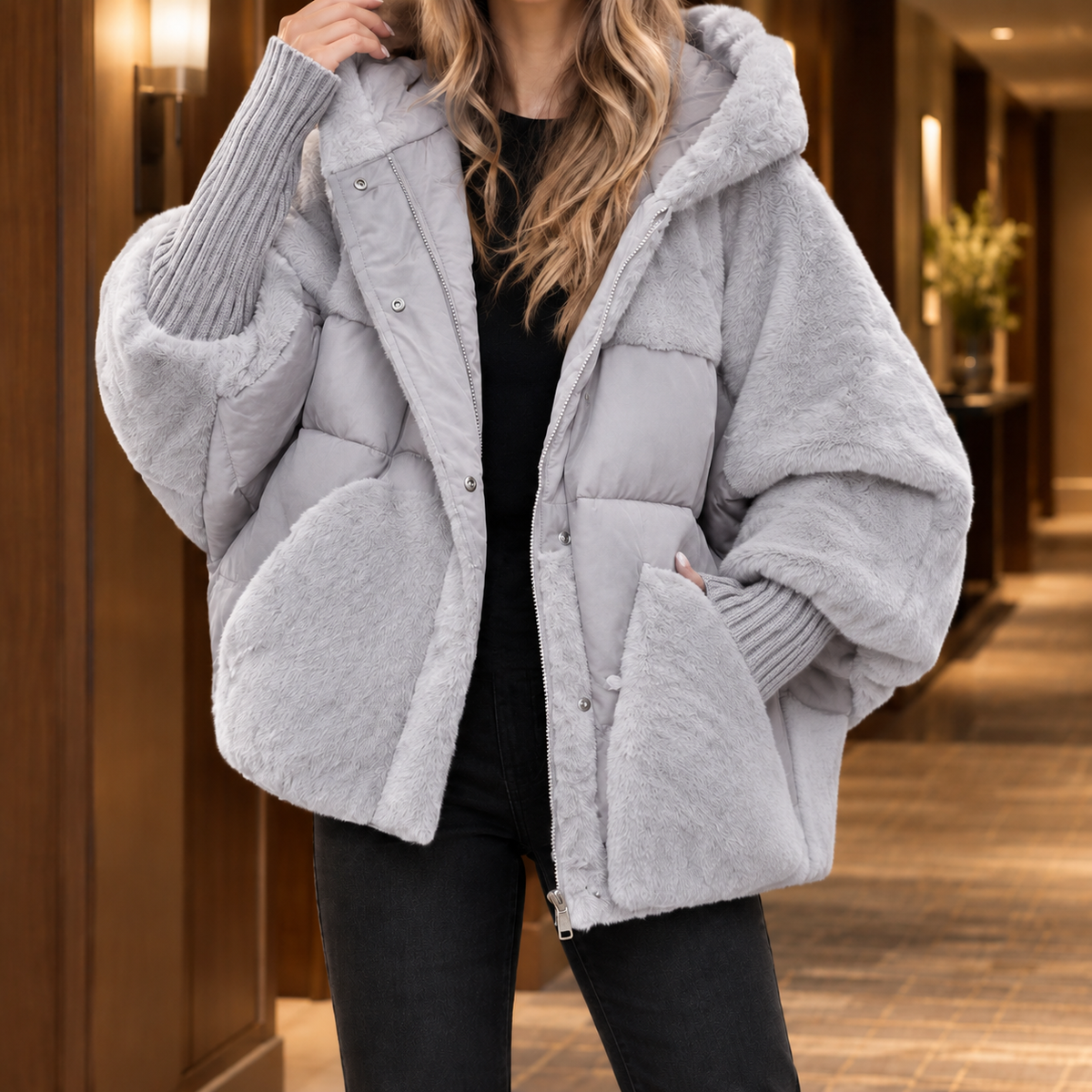 Hooded Jacket Cotton Blend Oversized with Plush and Quilted Panels