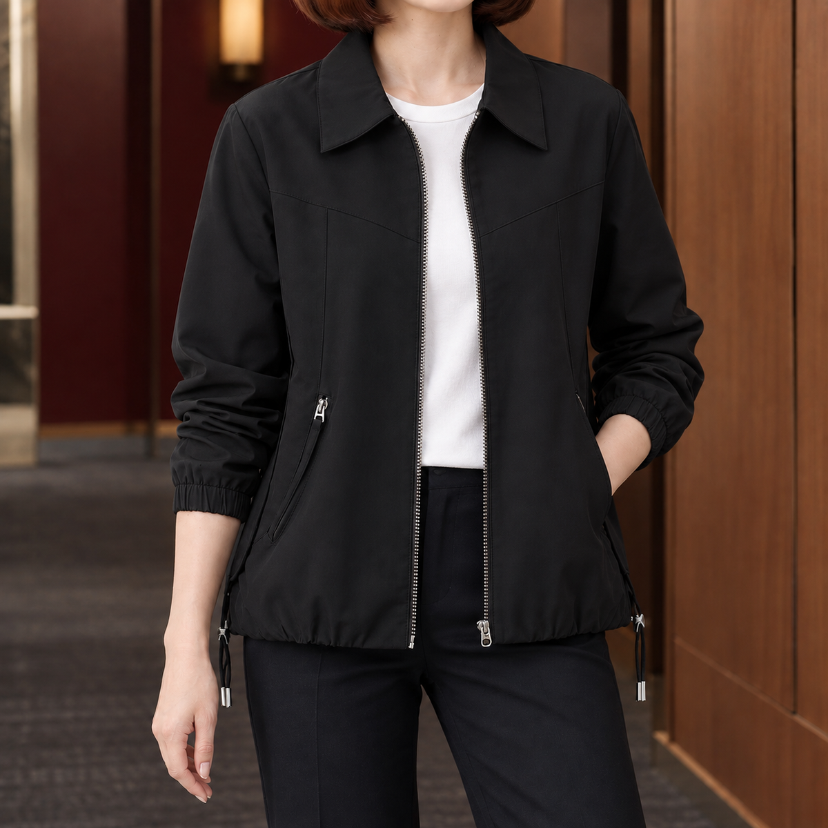 Zip Jacket Polyester with Pointed Collar, Drawcord Hem and Hip Pockets