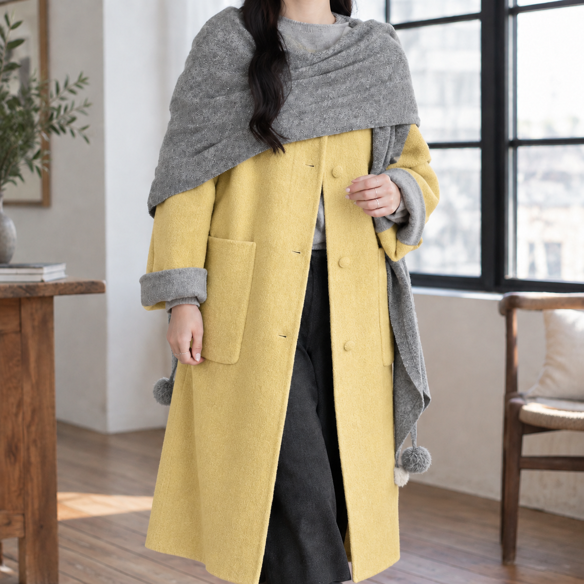 Coat Wool Blend Extra-Long with Patch Pockets and Pom-Pom Scarf