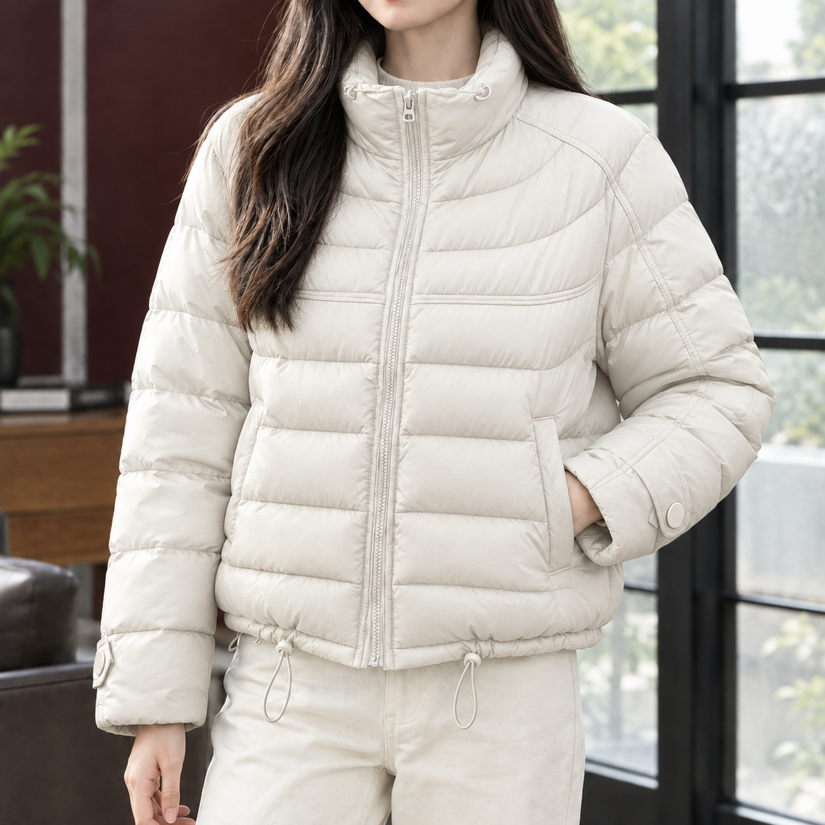 Quilted Jacket Duck Down Cropped with High Collar and Drawcord Hem