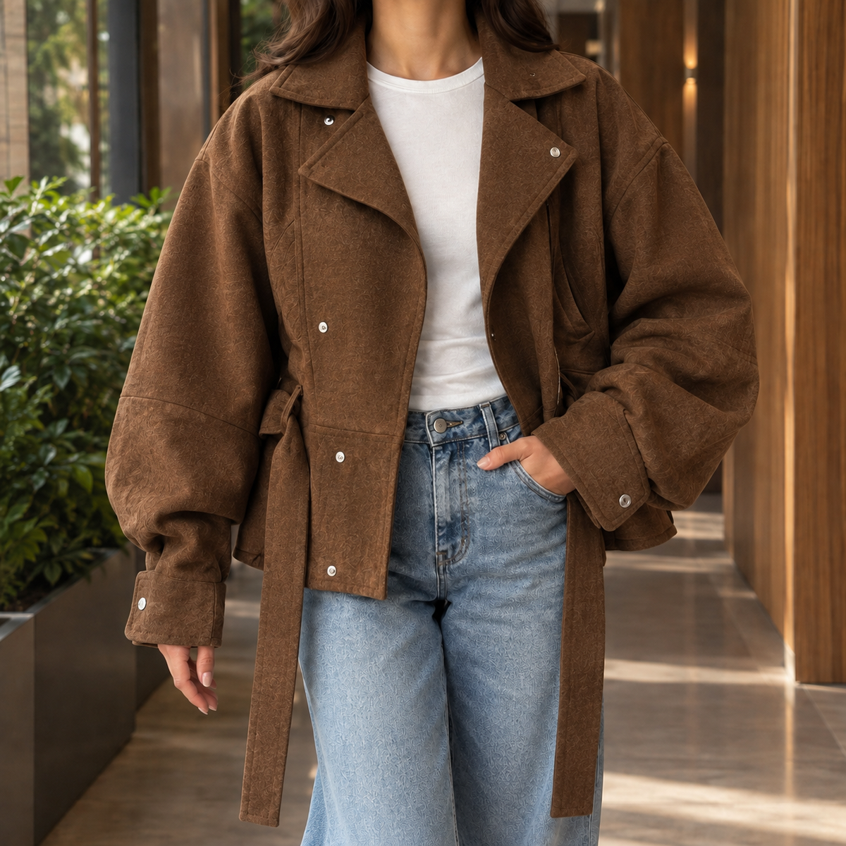 Moto Jacket Polyester Cropped with Offset Snaps and Self-Tie Belt