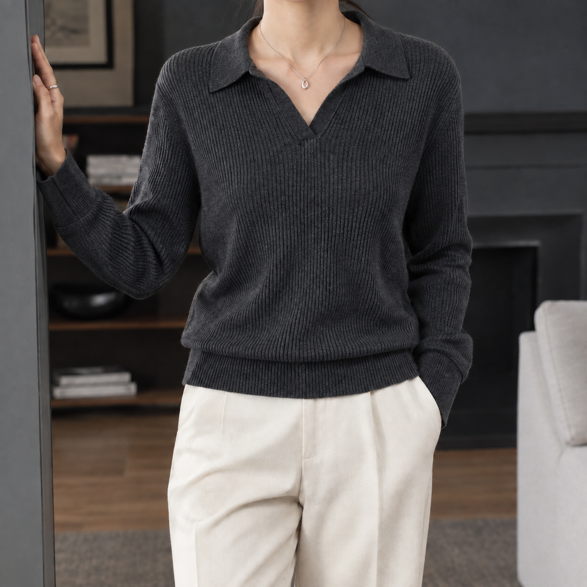 Ribbed Polo Collar Jumper