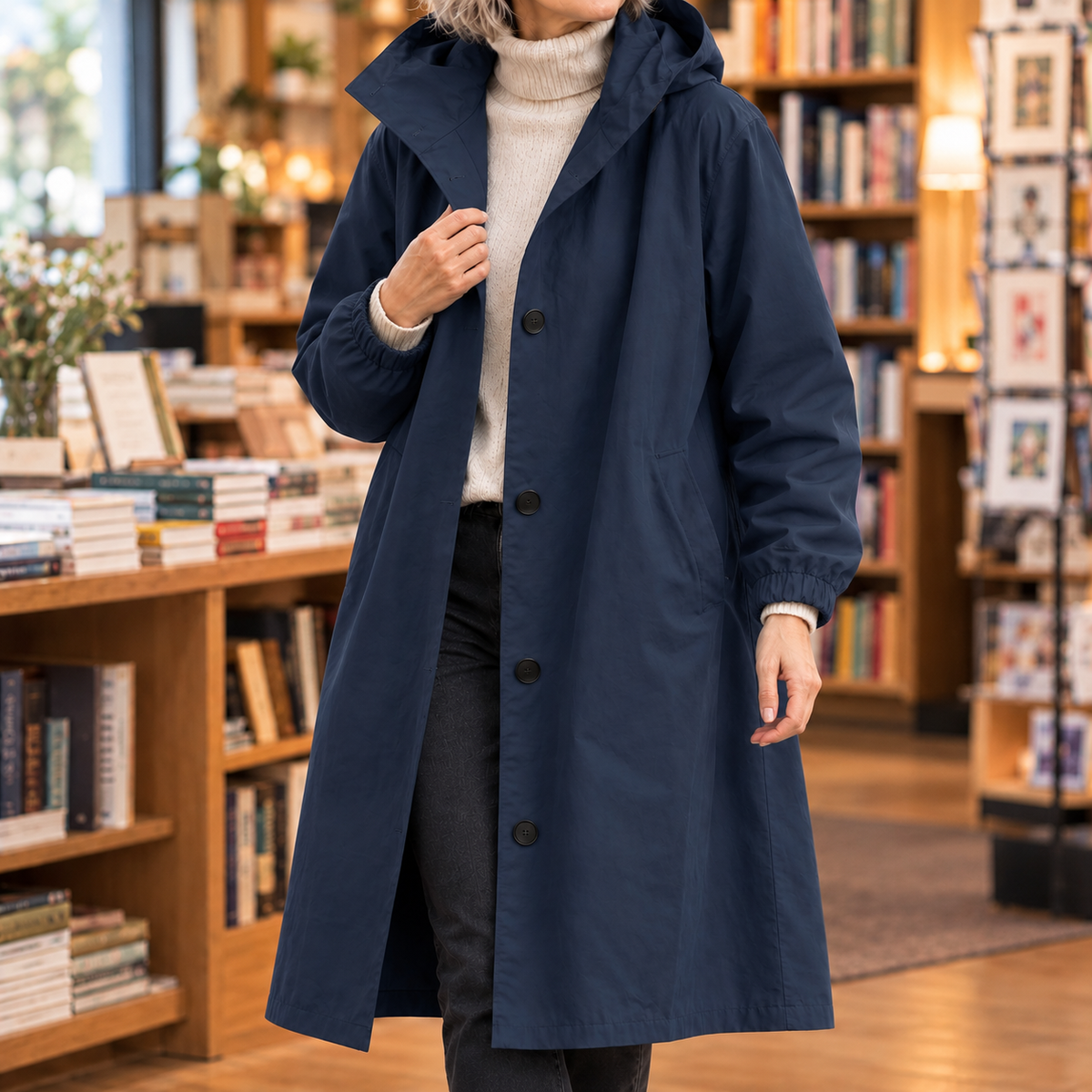 Overcoat Polyester Hooded Longline with Button Front and Side Pockets