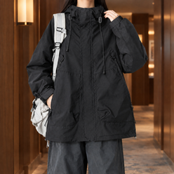 Hooded Jacket Cotton Blend Relaxed Mid-Length with Concealed Zip