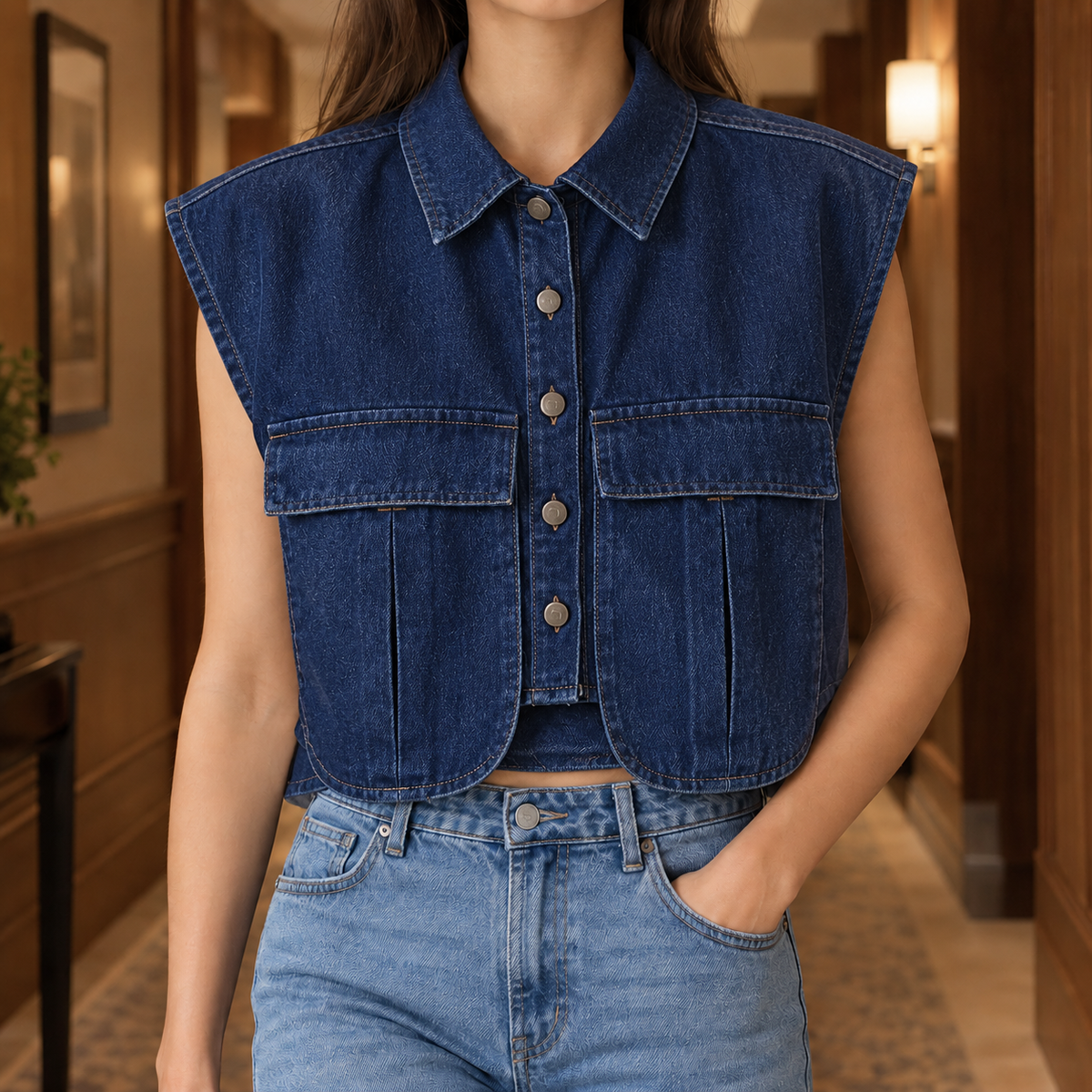 Cropped Denim Utility Top with Flap Pockets