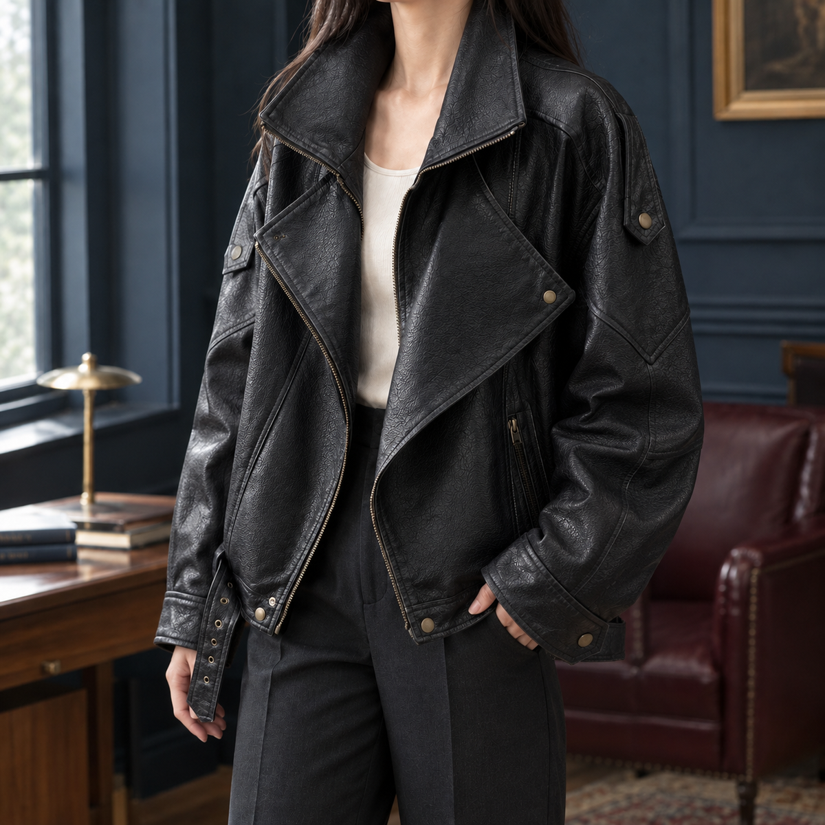 Moto Jacket Faux Leather Oversized with Asymmetric Zip and Belted Hem