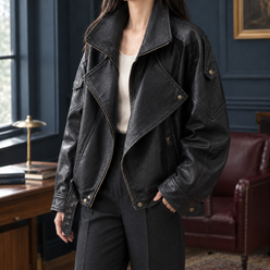 Moto Jacket Faux Leather Oversized with Asymmetric Zip and Belted Hem