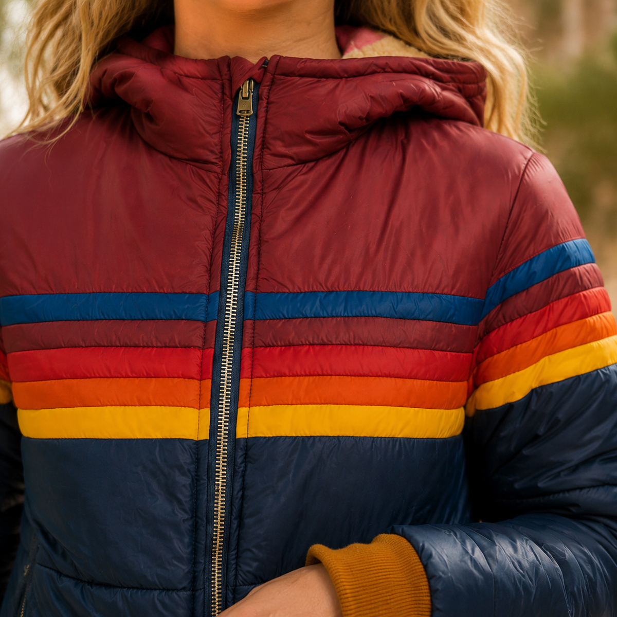 Quilted Colourblock Jacket Polyester with Hood and Zipped Pockets